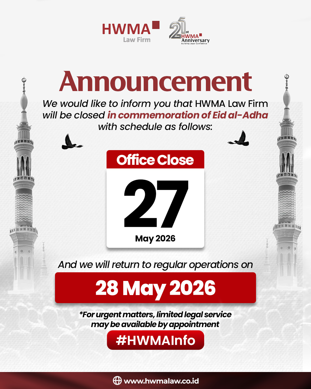 HWMA Law Firm will be closed in commemoration of Eid al-Adha